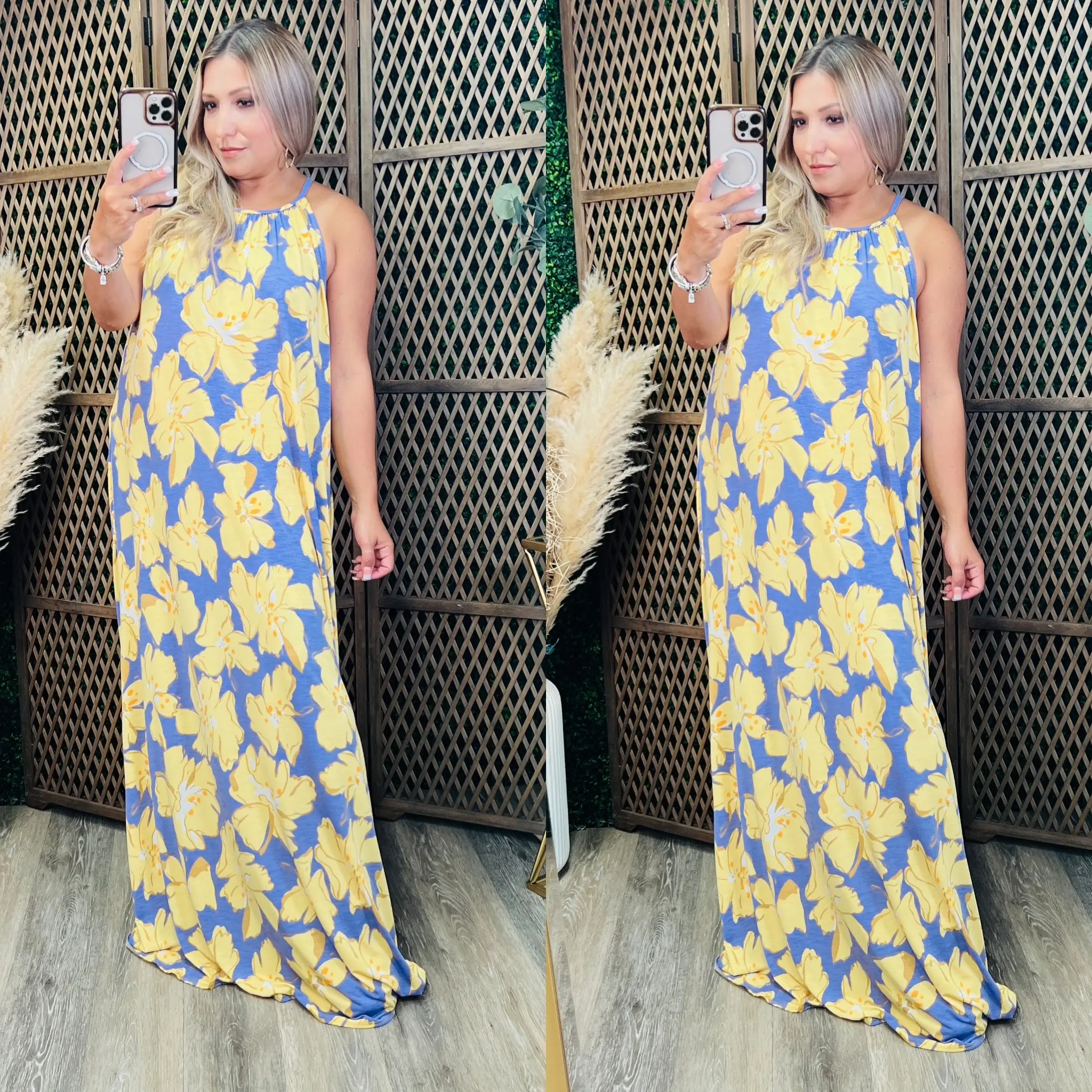 Periwinkle Background Maxi Dress With Pockets
