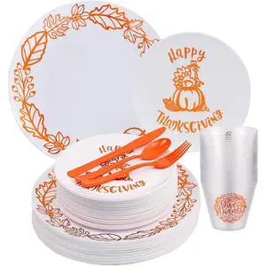 Thanksgiving Dinnerware Set 150PCS Plastic for 25 Guests,Heavy Duty Plastic Party Disposable White Dinner Plates,Gold Turkey Pumpkin Dessert Plates,Orange Silverware
