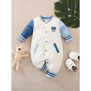 Spring and Autumn Newborn Long-Sleeve Bodysuit Blue and White Bear Baseball Jacket Bodysuit, Perfect for Outdoor