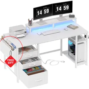 Lufeiya White Computer Desk with File Drawers Cabinet, 55 Inch Home Office Desk with Monitor Stand Shelves, Writing Study Gaming Desks with Led Lights and Power Outlets for Bedroom, White, Get Free Gift
