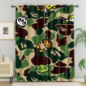 Green Camo Cartoon Characters Blackout Grommet Curtains - Home Decoration Curtain, Home Decorative Curtain, Breathable Polyester, 85% Light Blocking, Noise Reducing, Thermal Insulated, Window Drapes for Kids Bedroom, 2 Panels