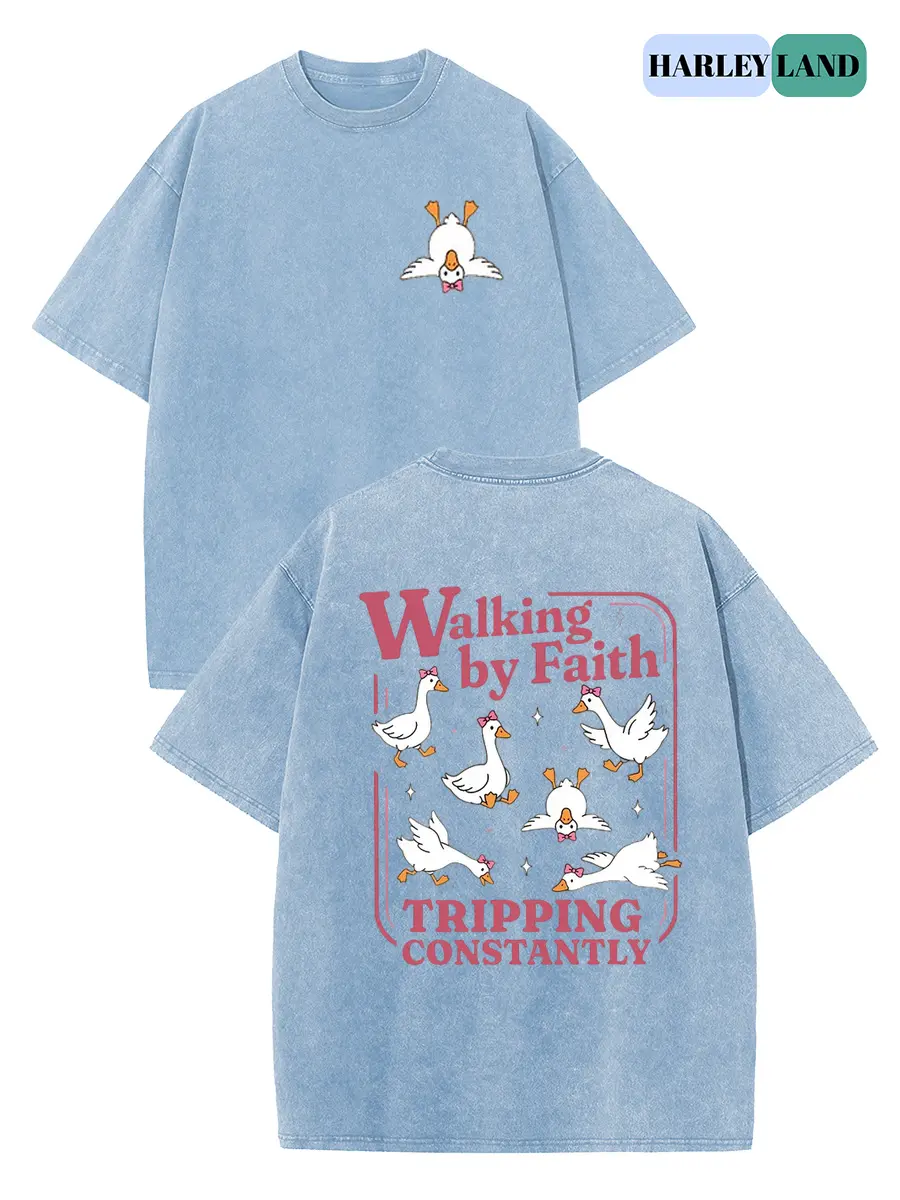 Women's Acid Washed Cotton Crew Neck T-Shirt - Retro "Walking by Faith" Goose Graphic, Casual Drop Shoulder Loose Fit Short Sleeve Outdoor Streetwear Top, Vintage Womenswear
