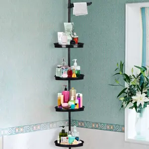 Heavy Duty Stainless Steel Multi-Piece Shower Organiser, Rust-Proof Corner Tension Pole Caddy with 4-Tier Adjustable Shelves, 101.6-122in No-Drill Bathroom Accessories with Rubber Pads, Plastic Soap Holder, Easy Installation Bathtub Storage