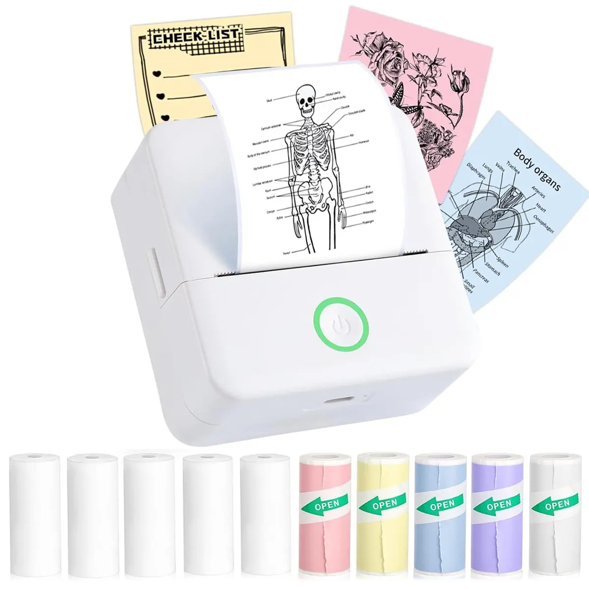 Portable Mini Thermal Printer with 10 Rolls of Thermal Paper, Compact Printer for Notes, Black-and-White Images and DIY Projects, Ideal for School, Office & Home Use