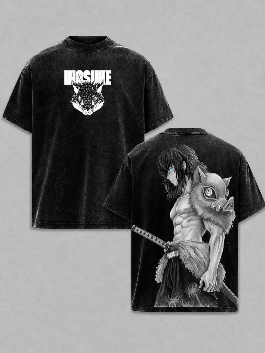 Inosuke Anime Washed Tee – Demon Slayer Vintage Manga T-Shirt, Cool Japanese Anime Graphic Shirt, Oversized Streetwear Trendy Otaku Gift, Aesthetic Shonen Anime Tee men clothing