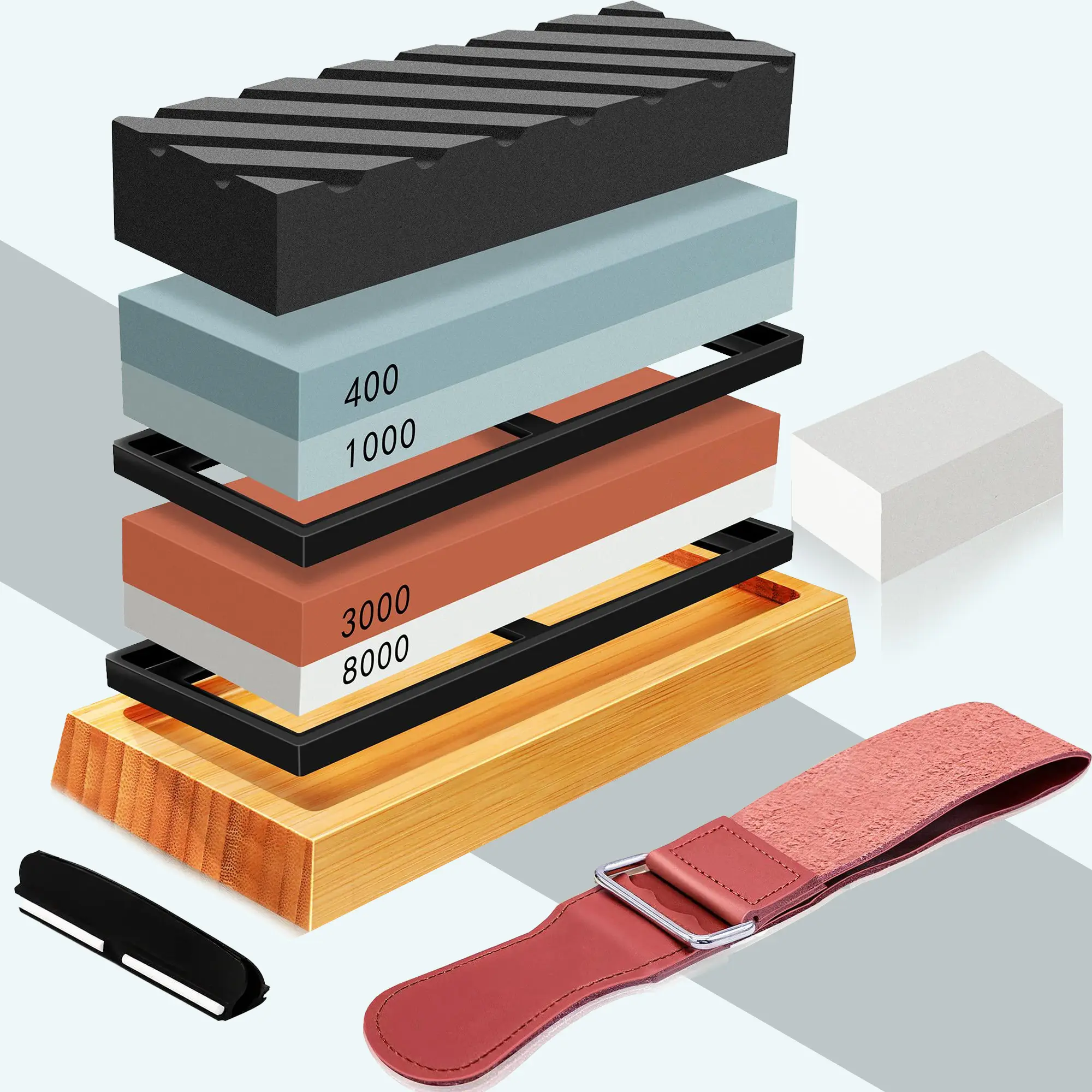 Complete Knife Sharpening Stone Set – Dual Grit Whetstone 400/1000 3000/8000 Knife Sharpener with Leather Strop, Flattening Stone, Bamboo Base, 3 Non-slip Rubber Bases & Angle Guide