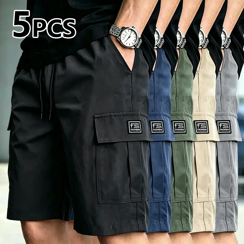5 Pack Men's Athletic Casual Cargo Shorts Multi Pocket Drawstring Waist Design Breathable Polyester Fabric Summer Bottoms Ideal for Hiking, Daily Commuting, Running & Outdoor Activities