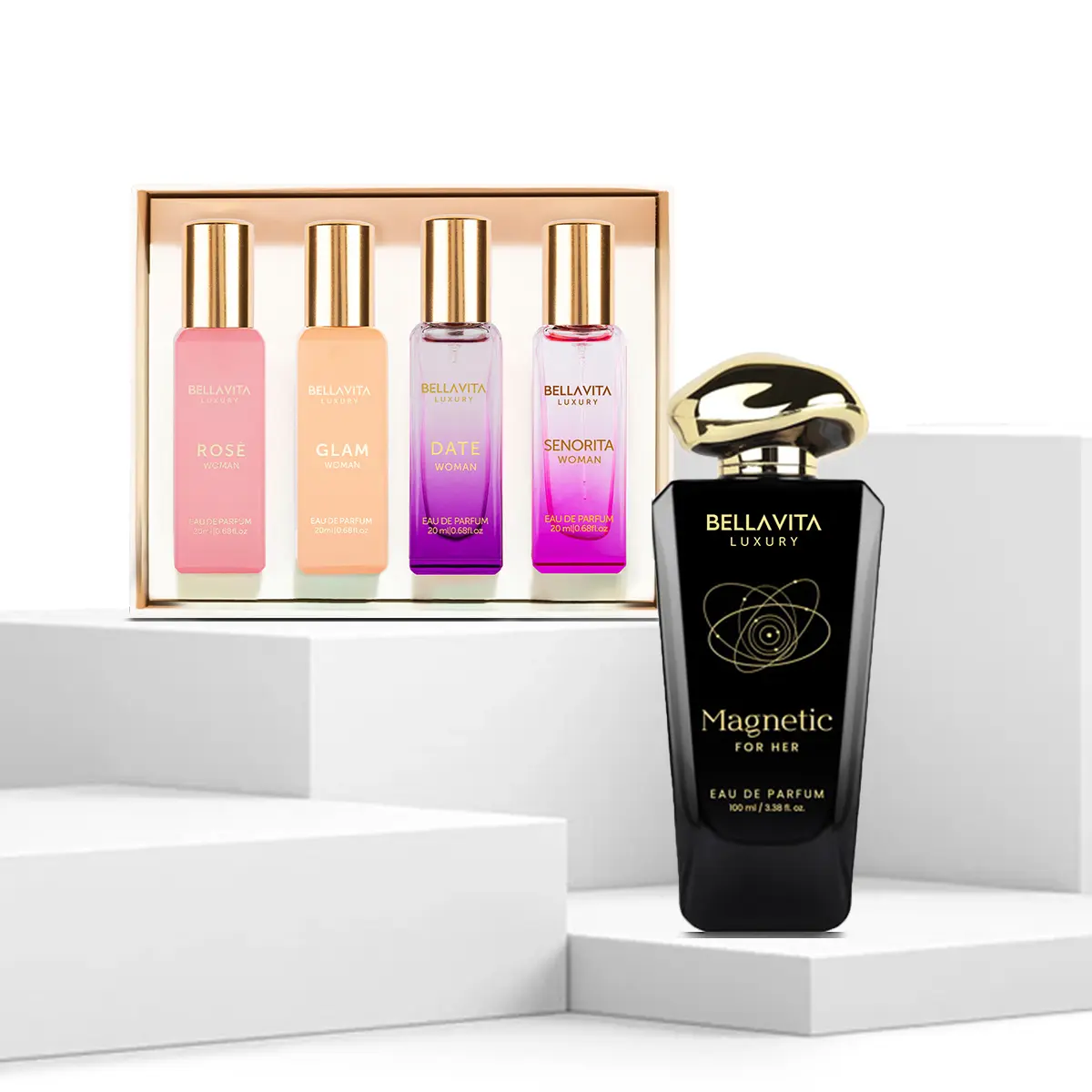 BellaVita Luxury Women’s Perfume Bundle | Magnetic for Her EDP 100ml + 4 Mini Perfumes | Long-Lasting Floral & Gourmand Fragrances | Cherry, Jasmine, Rose, Caramel, Senorita, Rose, Date & Glam | Portable Perfume Gift Set