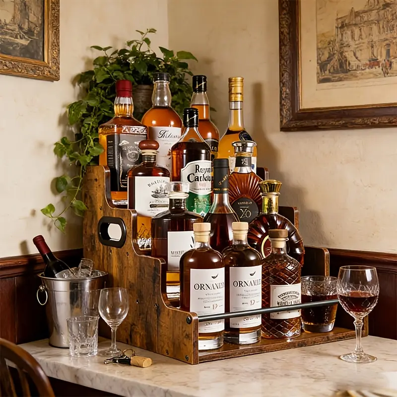 Premium Rustic Wood Liquor Rack, Elegant Multi-Tier Bar Organizer for Home Bar, Stylish Storage & Display for Your Wine & Spirits Collection