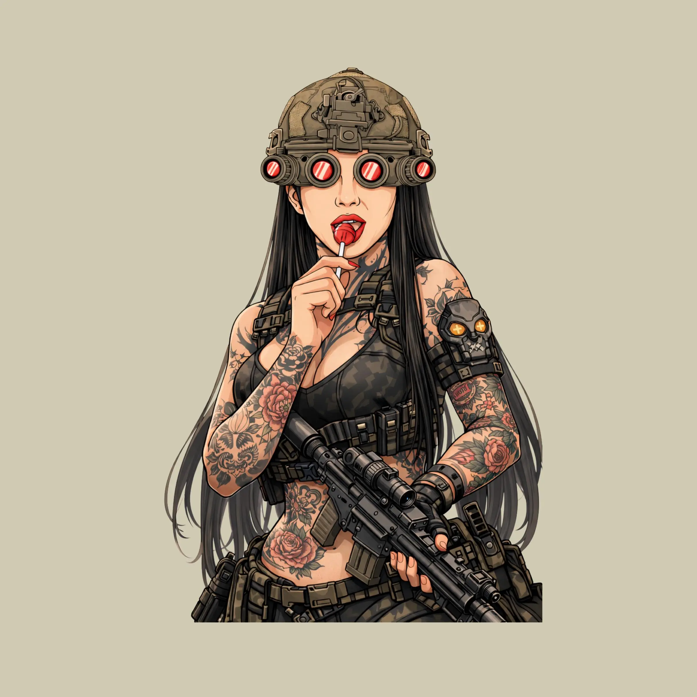 Night Vision Tactical Girl Sticker, Military Helmet Anime Waifu, Gun Lover Laptop Decal