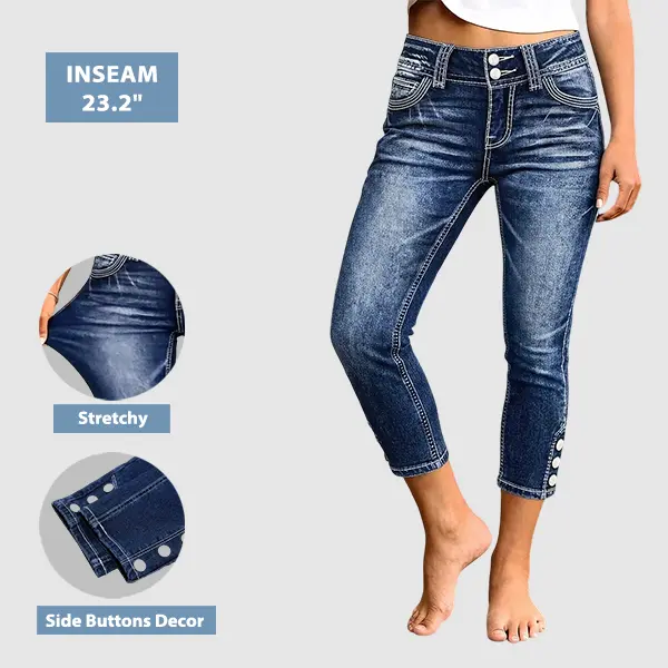Flamingals Wash Button Side Mid Waist Skinny Crop Jeans Womenswear Stretchy 23.2" Inseam