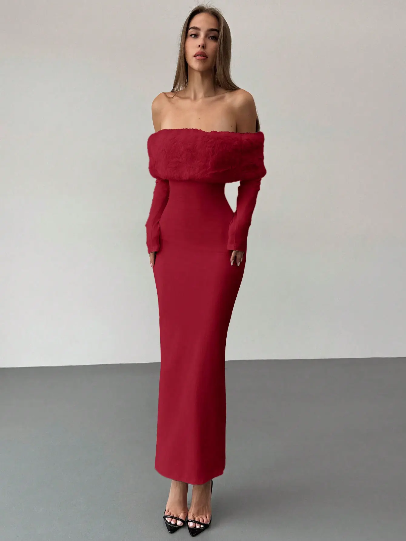Long Sleeve Bodycon Christmas Dress – Women's Off Shoulder Fur Trim Maxi Dress, Christmas Party Outfit, Winter Outfits For Women, Elegant Womenswear