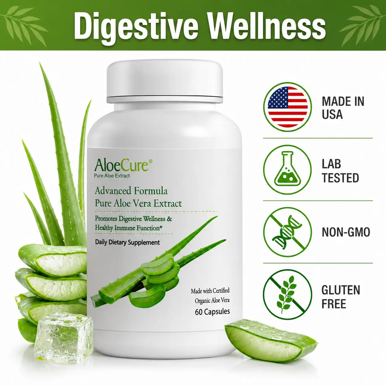 AloeCure Aloe Vera Capsules, 60 Capsules - 160,000mg Organic Aloe Vera Equivelant per Capsule, Support Gut Health & Digestive Comfort, Stomach Acid Buffer, Aloin Free