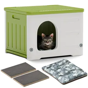 Plastic Cat House for Outdoor Indoor Use, Stackable Feral Cat Shelter Indoor Cat House Insulated Weatherproof Waterproof Elevated with Cat Scratching Board & Cushion (Green)