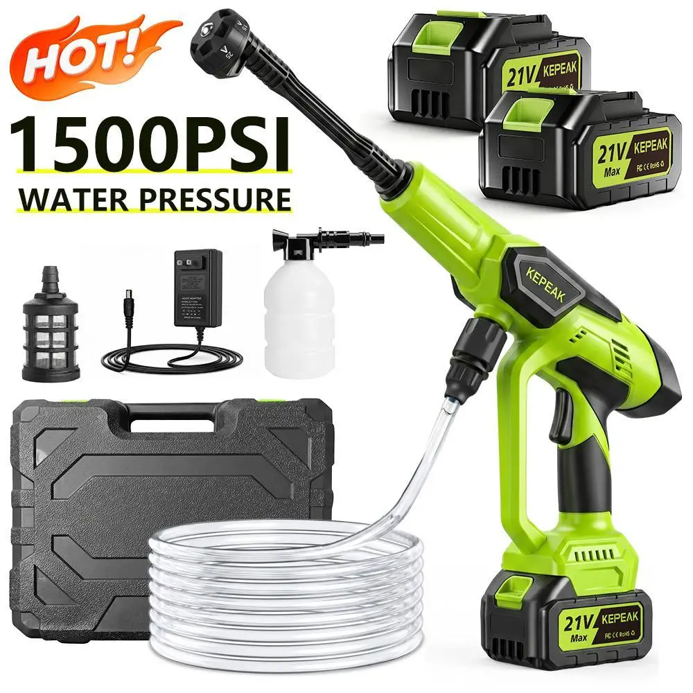 【Back to School】KEPEAK 1500 PSI Portable Pressure Washer, 21V 200W High-Power Cordless Cleaner with 13000mAh Batteries, Foam Cannon, Multi-Spray Nozzle, for Patio Cleaning, Outdoor Cleaning, Tool Box Accessories