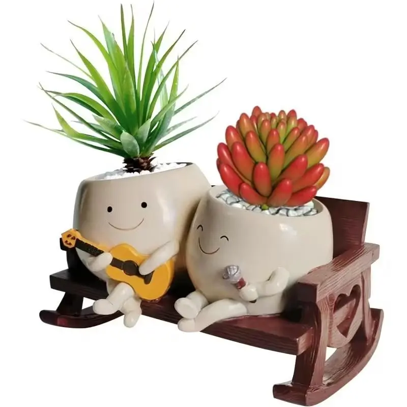 Resin Indoor Plant Pot with Drainage Holes, Succulent Planter, Decorative, Cute Couple Singing Face Flower Pot with Rocker, Planter Pots, Perfect Valentine's Day Gift