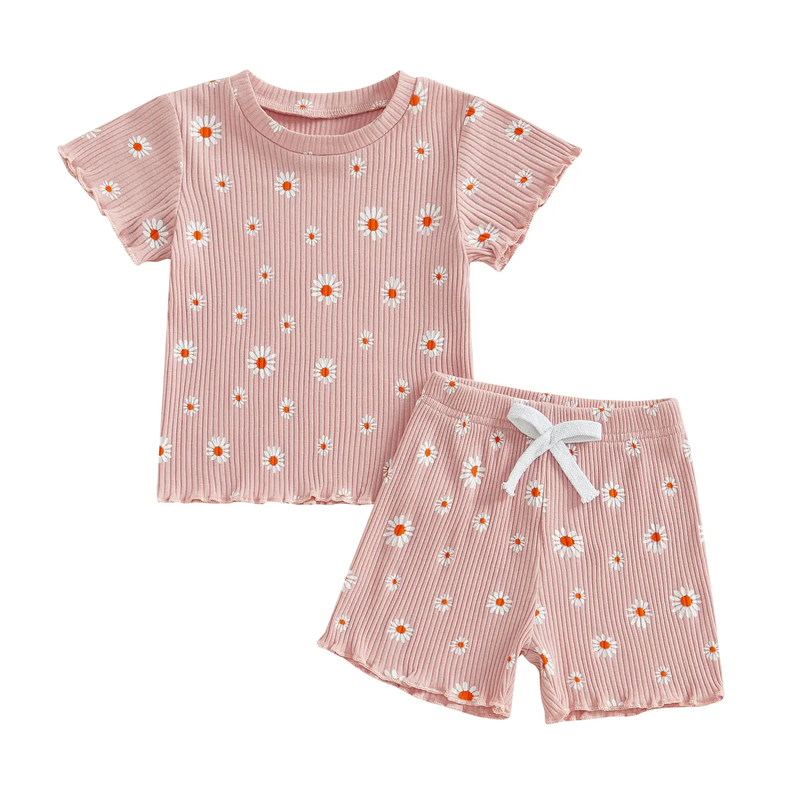 Toddler Baby Girls Summer Clothes Outfits Ribbed Shorts Set Floral Print Short Sleeve Tops Tees Tshirt+Elastic Waistband Shorts Gift