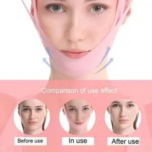 A pink facial lifting and firming mask, small face mask that lifts and tightens a double chin, V-line bandage sleep facial mask made of breathable ice silk, lightweight and thin, reusable V-line lifting mask, double chin reducing chin strap, lifts and tig