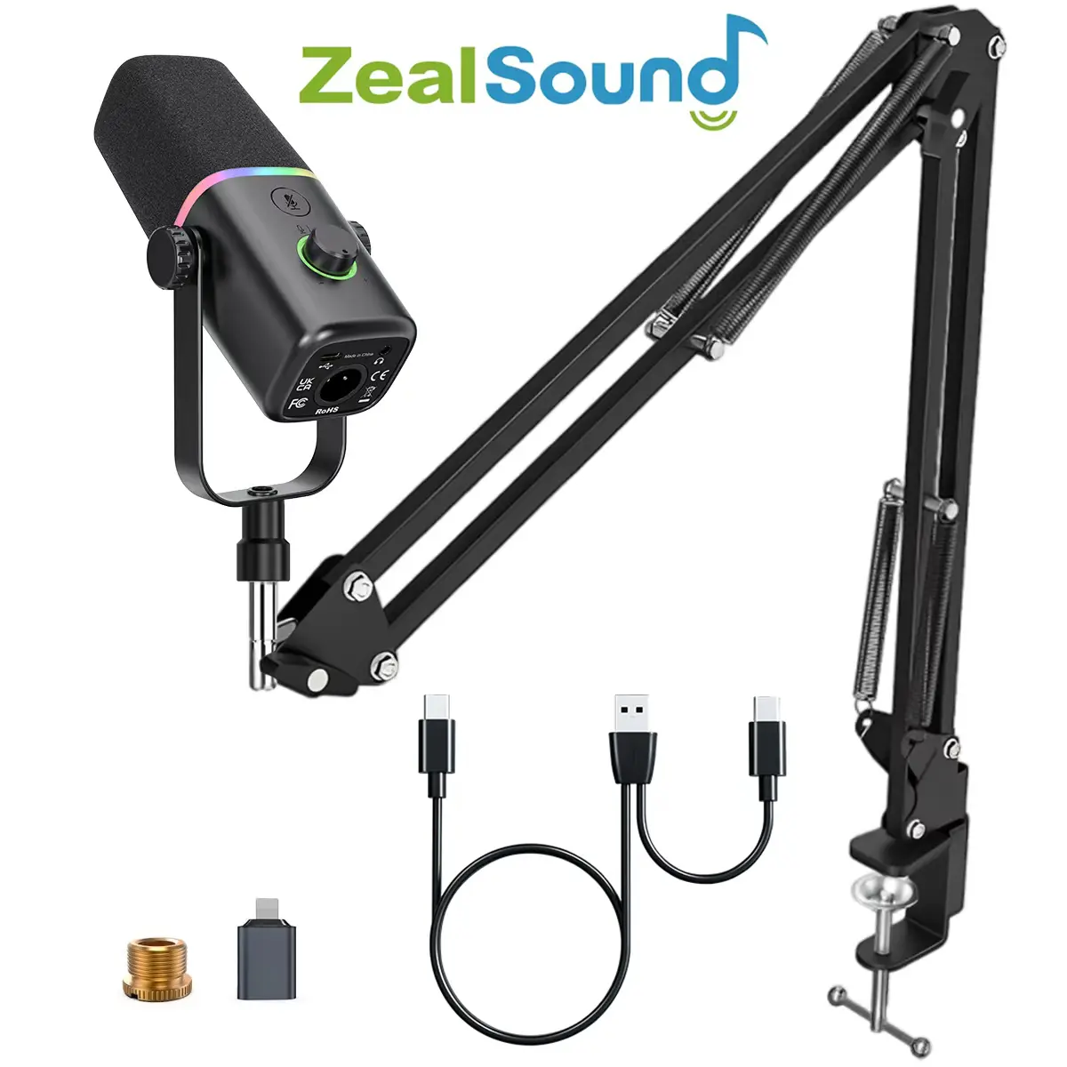 ZealSound XLR/USB Dynamic Microphone (Not for Xbox) with Boom arm stand for Gaming Podcasting, Mic for iPhone Phone PC Computer laptop mixer sound card, live Streaming Mic with RGB Light,Mute Button,Mic Gain,Headphones Jack, Singing YouTube Recording