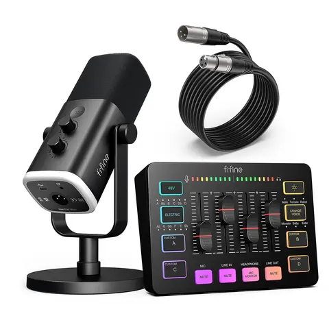 fifine Gaming Equipment Bundle, AM8 Dynamic XLR/USB Gaming Mic Set with SC3 Streaming Audio Mixer Bundle, AM8 Mic with SC3 Mixer & XLR Cable, Gaming Accessories for Content Creators, 20-20kHz, USB Type A, Volume Fader for PC/Smartphone