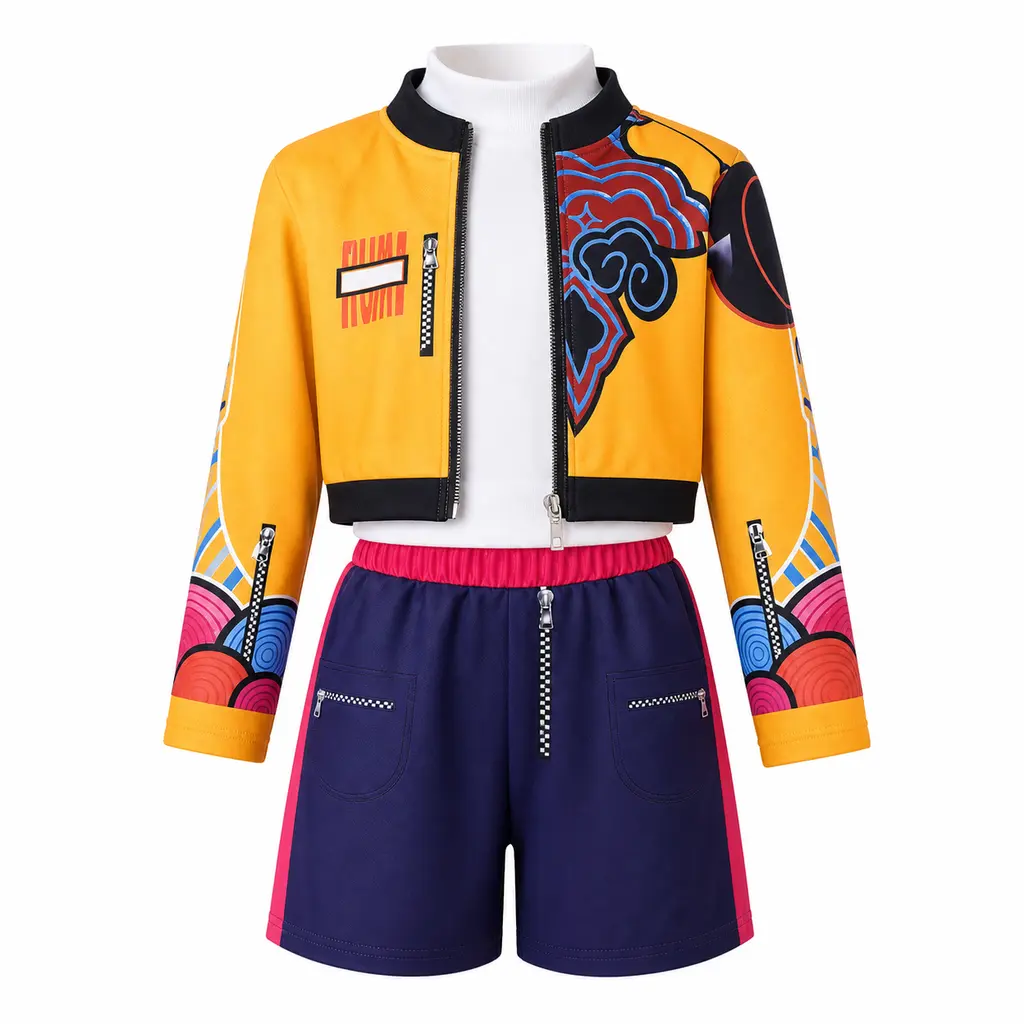 Girls' Shiny Pop Singer 3-Piece Stage Costume Set - Long-Sleeved Coat, Vest Top, Shorts, Regular Fit, Comfortable for Halloween, Christmas Performances