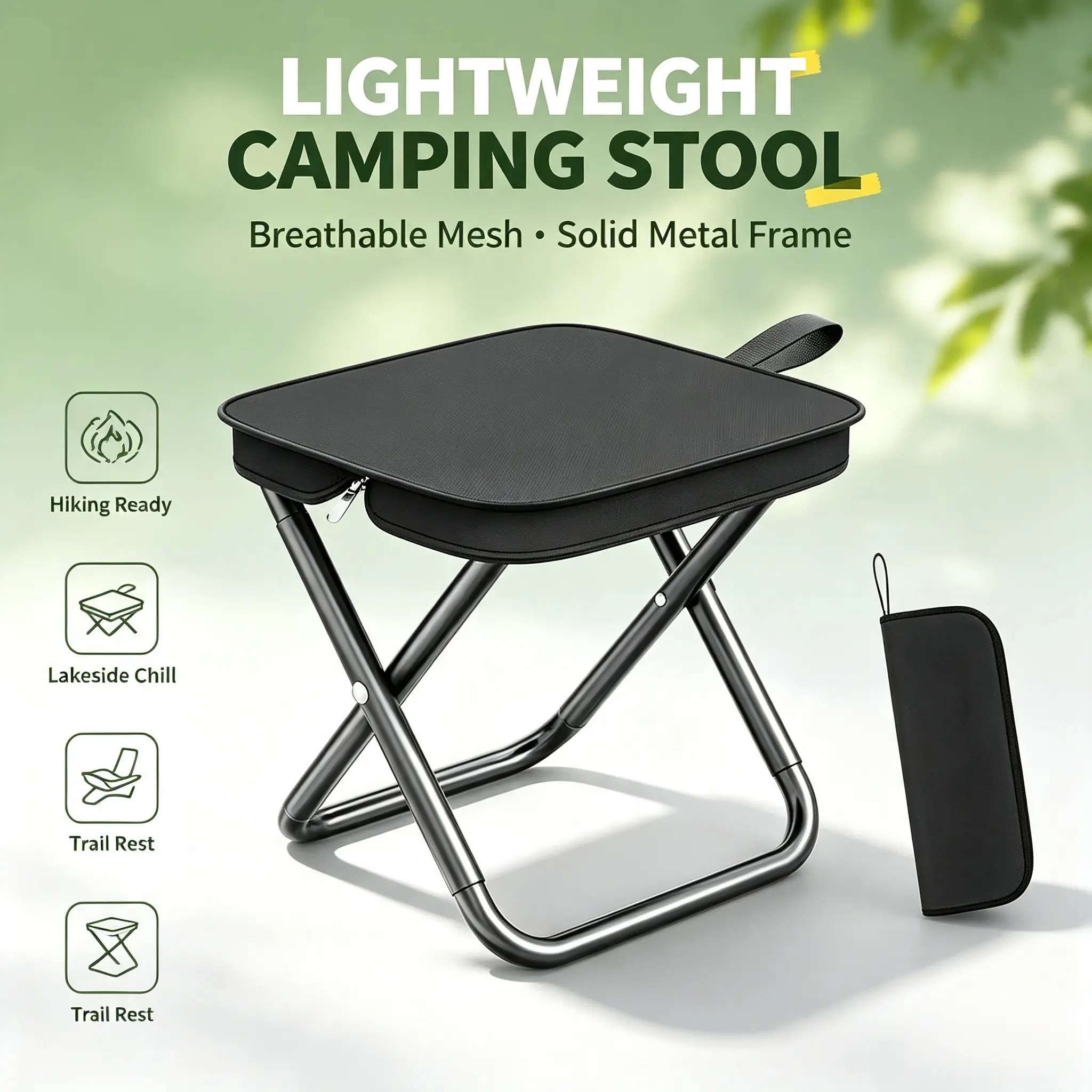 Outdoor Fishing Foldable Mesh Pocket Stool Breathable Seat Solid Metal Frame Ultra Compact Lakeside Equipment