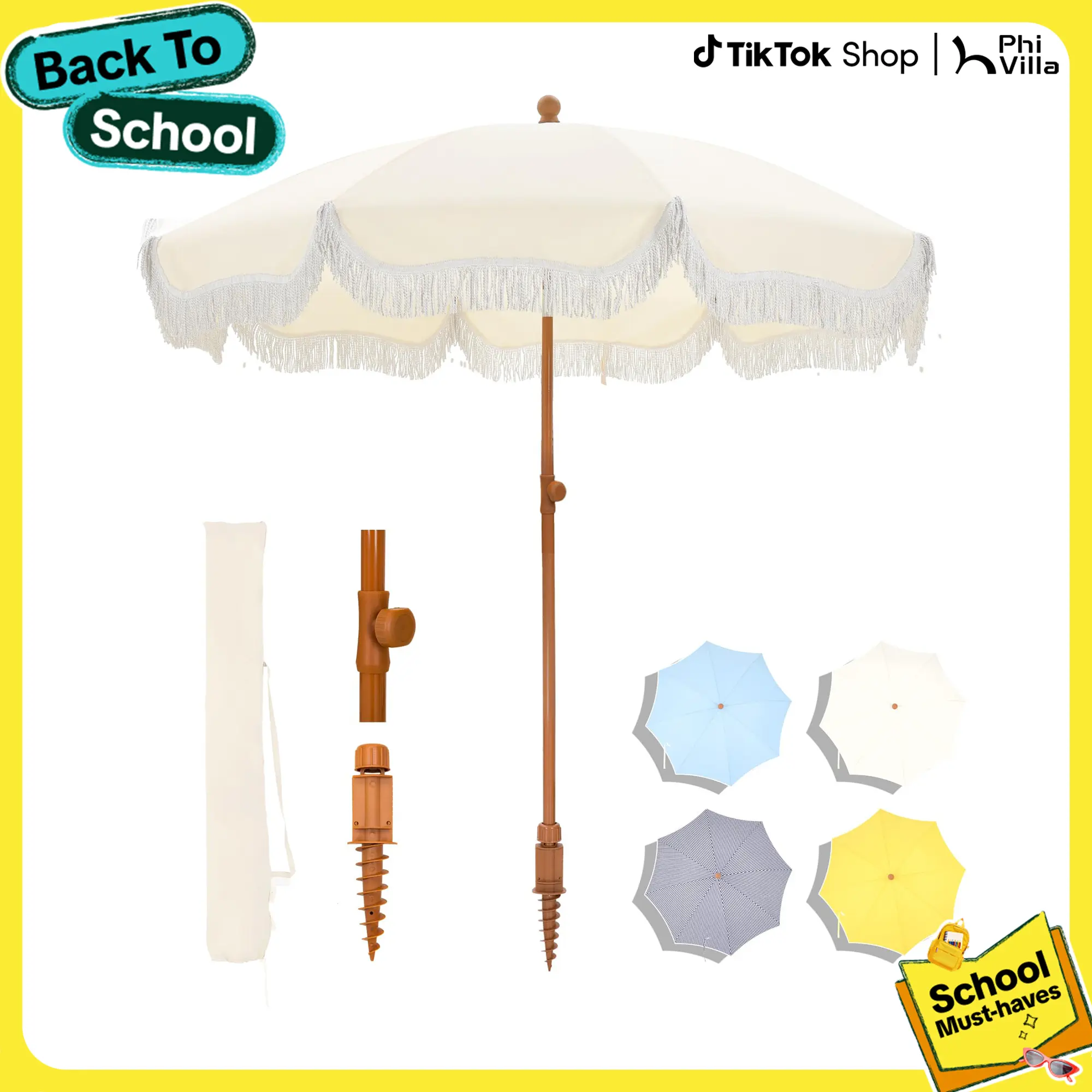PHIVILLA 7ft Patio Beach Umbrella with Fringe NO Base, UPF 50+ Canopy, 8 High Wind Proof Fiberglass Ribs, Fully Assembled, Carry Bag Available Outdoor Aesthetic Round, TikTokShopBackToSchool