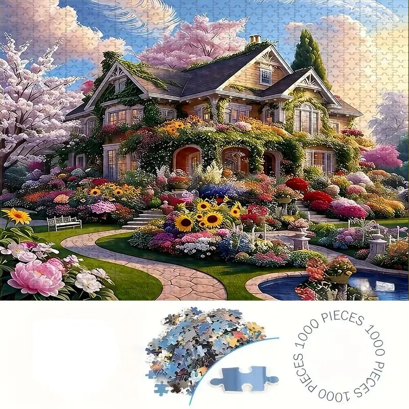 1000 Piece Flower House Theme Puzzle Game, Large Adult Family Interactive Toy, DIY Home Decor Brain Challenge, Holiday Scene, Perfect Gift