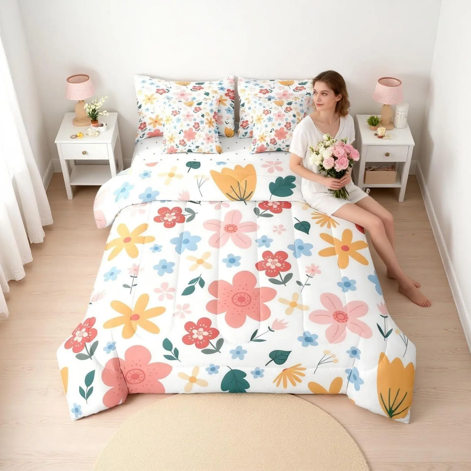 Feelyou 7-Piece Ultra Soft Vintage Botanical Flowers Microfiber Bedding Set - Multi-Size Comforter, Flat Sheet, Fitted Sheet, Breathable, Coquette Cottagecore Design for Kids, Breathable Sheets