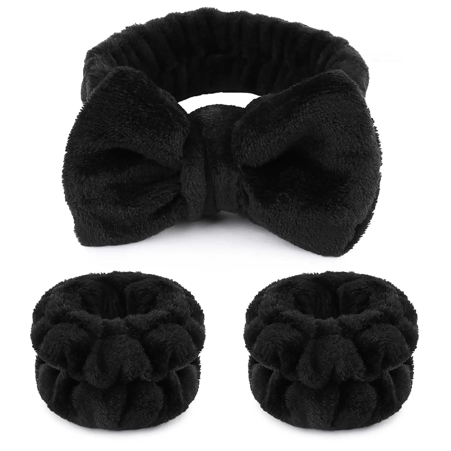 Makeup Headbands, 1 count Black  Headband Fluffy Bow Tie Headband Microfiber  Headband, and 2 count Wrist  Wash Band Absorbent Wristbands, for Washing   Care