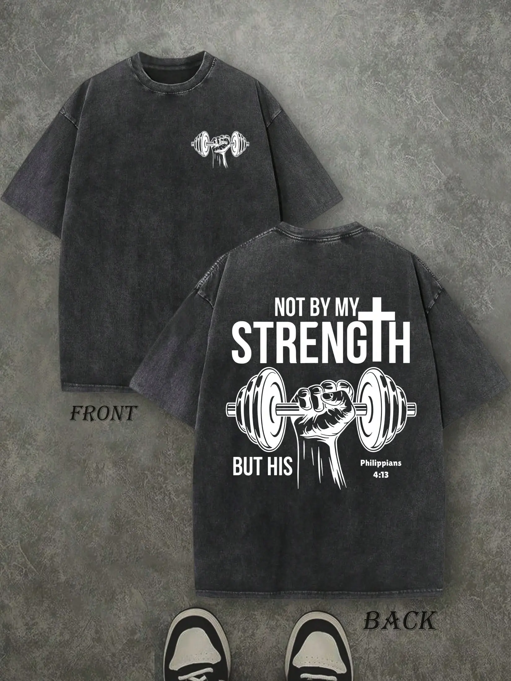 Vintage Not By My Strength But His Dumbbell Hand Cross Christian Gym T-Shirt, Washed Black Cotton Oversized Short Sleeve Tee, Front Back Faith Workout Casual Crewneck Shirt
