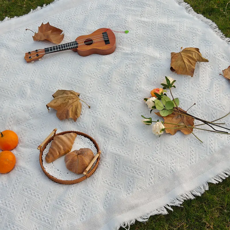Bohemian Geometric Herringbone Picnic Blanket - Soft Cotton Fabric, Contrast Tassel Fringed Edges, Waterproof Base, Collapsible Folding, Portable for Outdoor Adventures, Tent Flooring, Bohemian Design