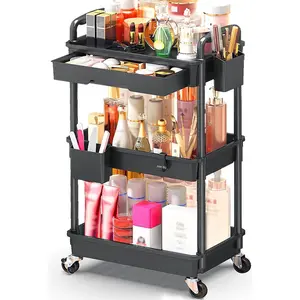 Makeup Cart Organizer with Drawers, Floor Skincare Organizers Vanity Storage Organizer, Rolling Makeup Bathroom Storage Cart Cosmetics Display Cases for Skin Care Perfume Nail Polish, Black