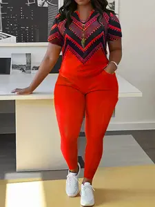 Plus Size Bohemian Style Two-Piece Casual Sports Set Plus Size Spring/Summer Casual Pants Set V-Neck Short-Sleeve Top and Pants Combination Spring Outfit Versatile Clothing Plus Size Women's Apparel Womenswear Suits