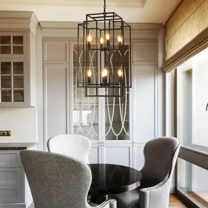Matte Black Open-Frame Lantern Chandelier, Rustic Farmhouse Hanging Lamp for Entryway & High Ceilings