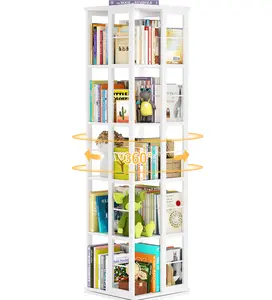 iSunirm 4-Tier 360-Degree Rotating Wooden Bookshelf, Narrow Floor-Standing Corner Bookcase, Wooden Material Revolving Organizer Storage Rack for Small Spaces, Study Rooms