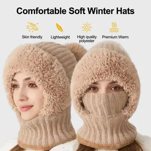 Women’s solid-color beanie hat with pom-pom decoration; casual warm thickened knit hat for fall and winter; fashion accessories for women and girls—bonnet with bunny ears bonnet.