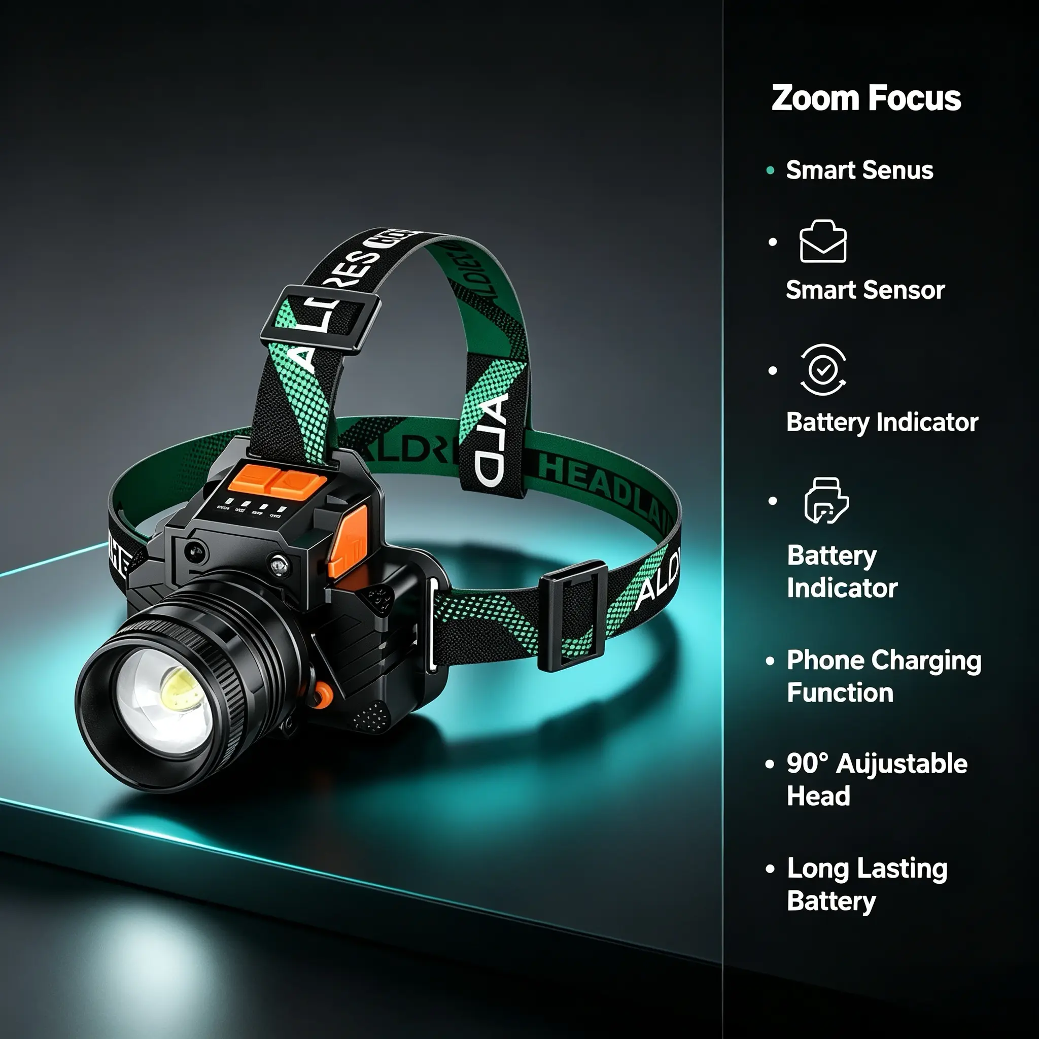 Zoomable Motion Sensor LED Headlamp with USB Phone Charging Function, 90° Adjustable Head, Battery Power Indicator, Hands-Free Wave Control Rechargeable Head Light for Fishing Camping Emergency Work outage home survival camp long life
