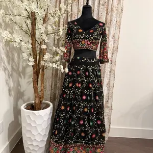 Black Georgette Lehenga Set with Colorful Floral Embroidery Design