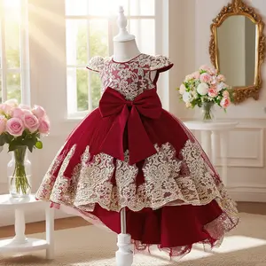 6068 Kids Champagne color dress with floral embroidery train design elegant and beautiful dress suitable for girls birthday party anniversary and prom