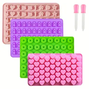 Bear Gummy Candy Molds Set, Non-Stick Silicone Molds with 2 Droppers, Chocolate Molds Include Bear, Rabbit, Donut, Heart Shapes