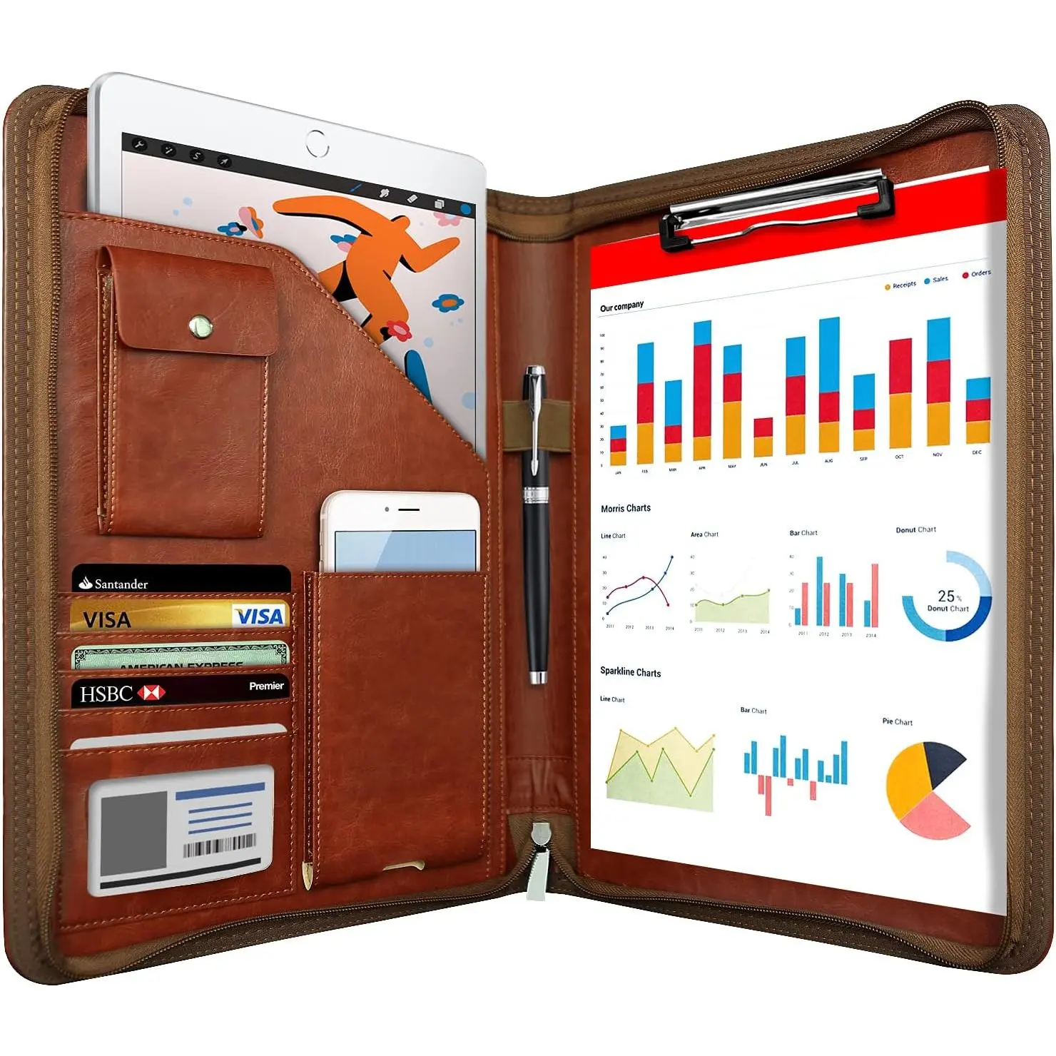 Zippered Padfolio Organizer,  Leather Planner Binder, 10.2 Inch Portfolio Folder for Documents, Letter Size Business Card Holder for Men&Women (Brown)