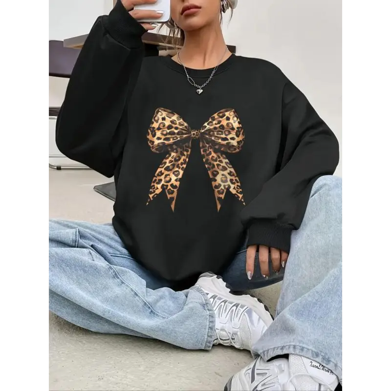 Women's Leopard Bowknot Print Crew Neck Sweatshirt, Casual Drop Shoulder Long Sleeve Pullover, Women's Fall & Winter Clothes for Daily Wear
