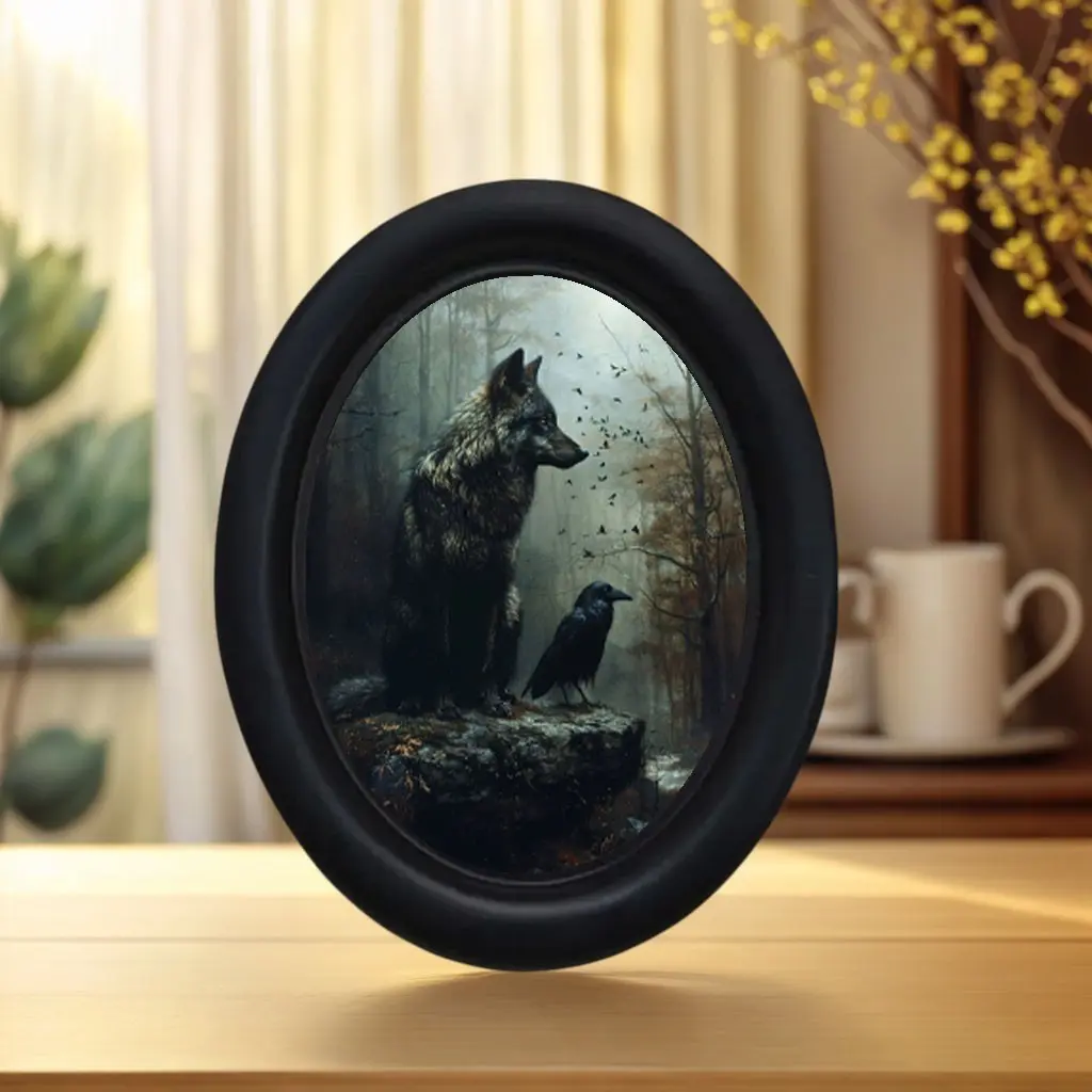 Gothic Forest Wolf and Crow Wall Art, Oval Frame, Vintage Atmosphere, Halloween Christmas Thanksgiving Decor, Room Office Decoration, Decorative Wall Art