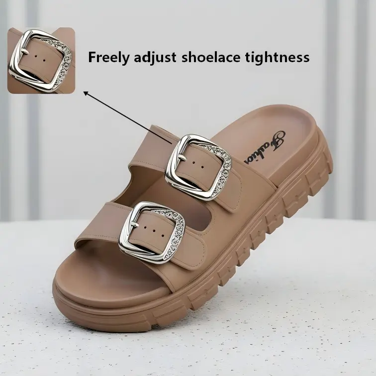 FZY Women's Double Rhinestone Buckle Adjustable Strap Platform Sandals - 4cm Hidden Height Increase, Chunky Non-slip Rubber Sole, Waterproof Casual Trendy Outdoor Women's Sandals,double adjustable buckle slides, rhinestone metal buckle sandals