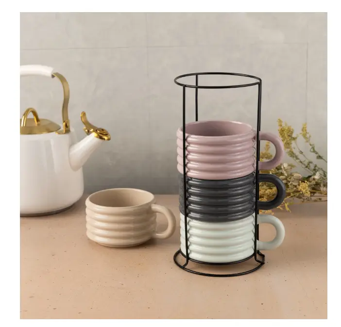 4-Piece 12oz Ribbed Ceramic Mug Collection – Stackable Coffee & Tea Cups with Dedicated Storage Rack for Kitchen Counters
