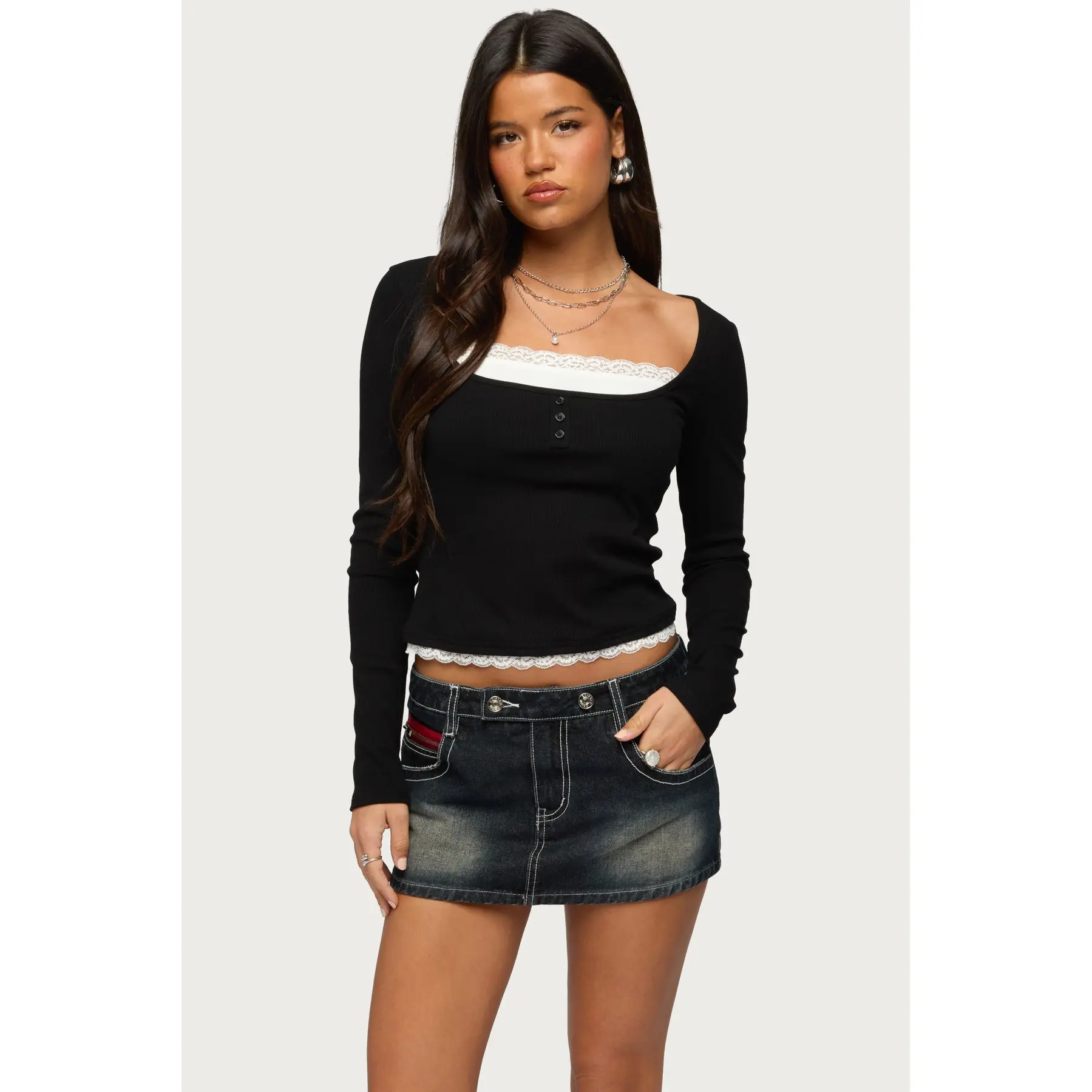 Joana Layered Lacey Henley Top