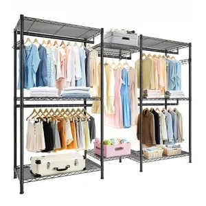 Clothes Rack Heavy Duty Garment Rack, Freestanding Closet Organizer, Portable Wardrobe Clothes Rack, Adjustable Wire Shelving Clothes Rack with 8 Adjustable Wire Shelves and 5 Clothes Rails, Black