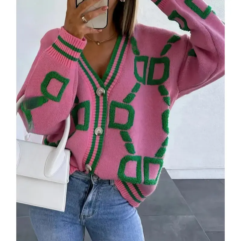 Women's Casual Colorblock V-Neck Cardigan, Button-Front Polyester Sweater with Long Drop-Shoulder Sleeves for Fall & Winter, One Piece