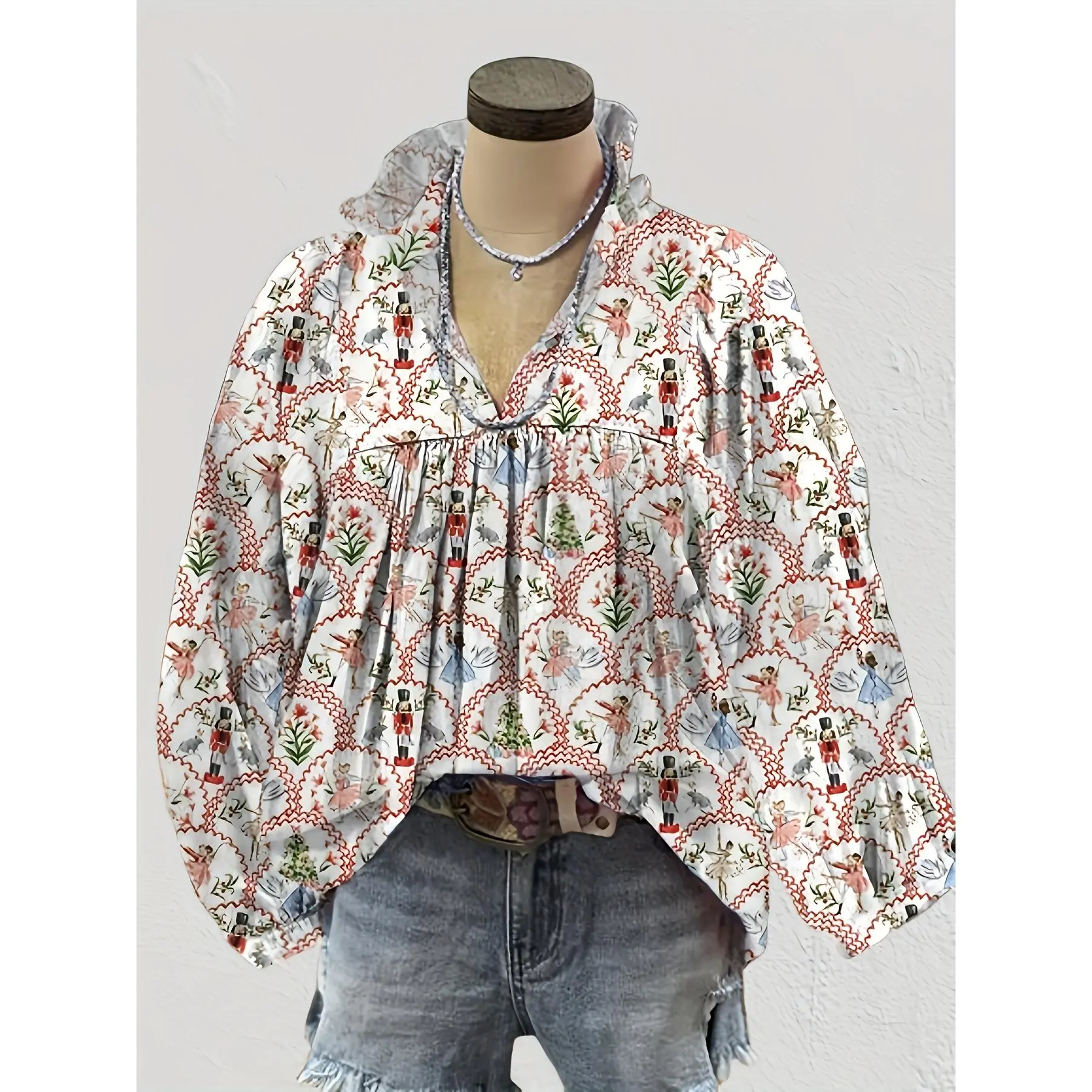 Vintage-Inspired Christmas Nutcracker Print V-Neck Blouse with Lantern Sleeves - Casual Long Sleeve Top for Women Polyester Fitted Shirts Womenswear Fabric